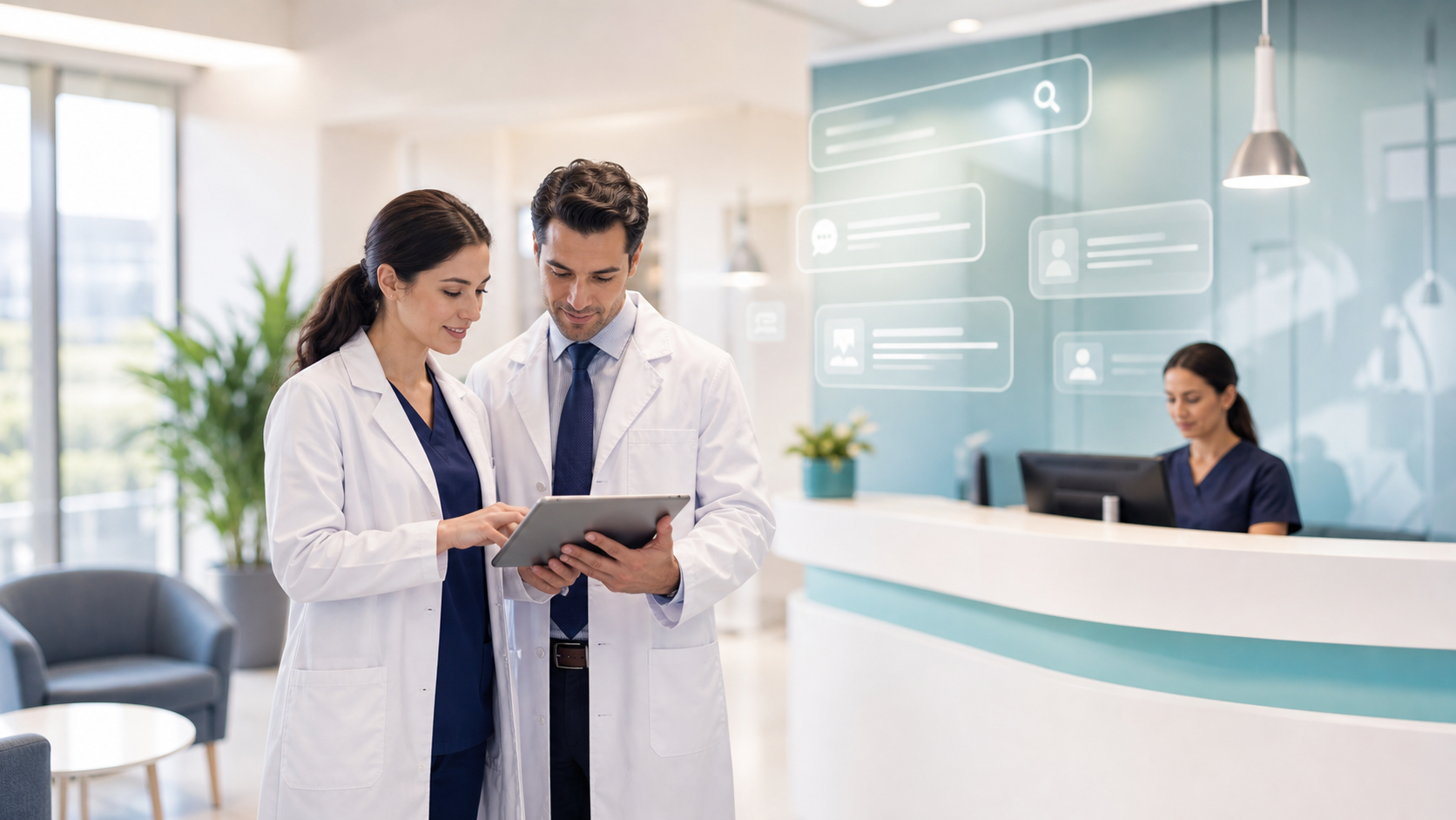 Healthcare professionals reviewing clinic growth and AI visibility on a tablet