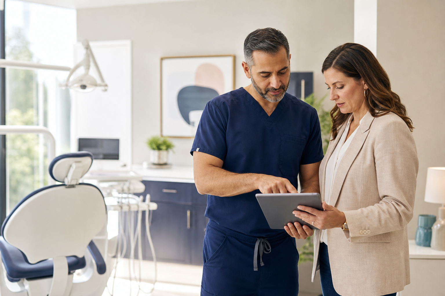 Dentist and practice manager reviewing dental practice growth on a tablet